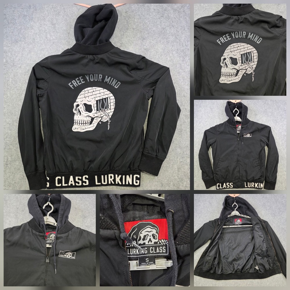 Lurking Class Jacket Mens Small Black Hooded Skull Bomber Free Your Mind